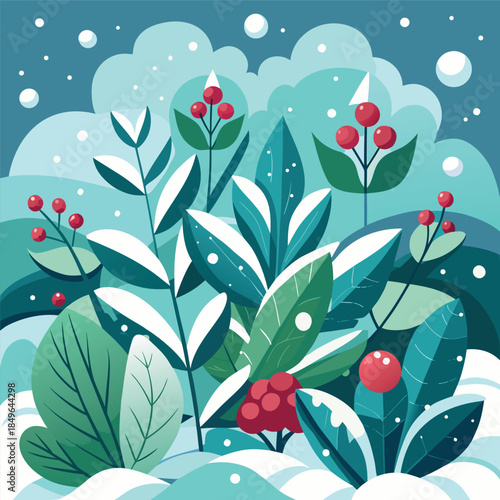 A cozy winter night illustration with a small cabin glowing warmly in the snow, pine trees around it, mountains in the background, a crescent moon and stars in a deep blue sky, flat vector style, soft