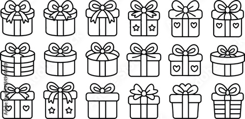 A large collection of hand-drawn gift box outlines for various holidays and celebrations