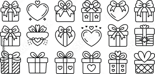 A collection of linear gift box and heart icons for celebrations and holidays