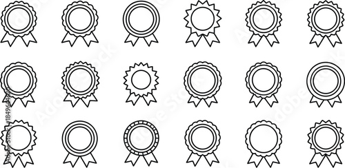 A set of black and white line art icons depicting award rosettes and certification seals