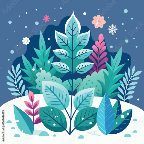 A cozy winter night illustration with a small cabin glowing warmly in the snow, pine trees around it, mountains in the background, a crescent moon and stars in a deep blue sky, flat vector style, soft