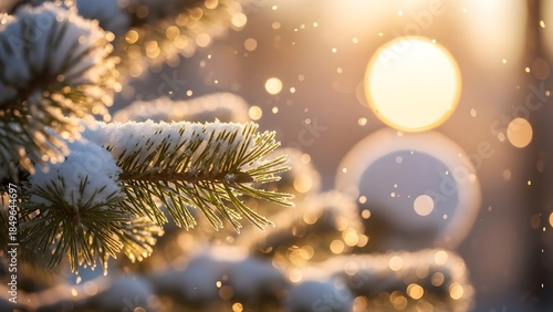 Close-up of snow-covered pine branches glistening in golden sunlight with falling snow and bokeh lights.
