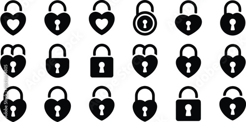 Collection of heart-shaped and standard padlock icons in black silhouettes