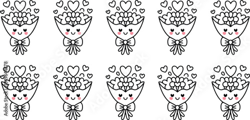 A repetitive pattern of cute cartoon flower bouquets with heart details and a happy face
