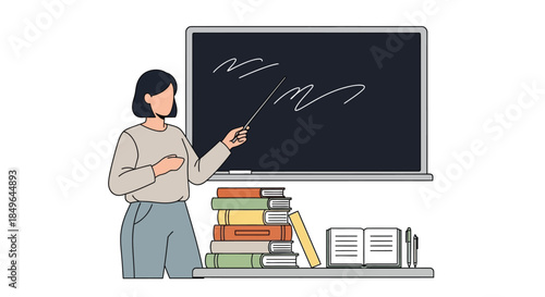 Teacher standing in front of blackboard with books.