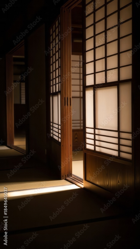 Fototapeta premium Traditional Japanese Room with Sliding Doors Japanese Architecture Interior Design Serene. Concept featuring japanese architecture, sliding doors, interior design, traditional, serene.