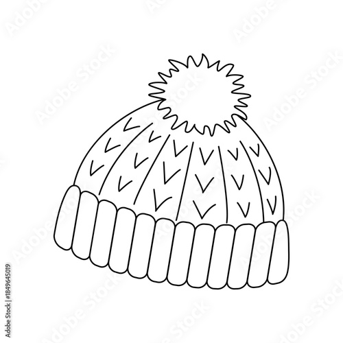 Knitted Winter Hat with Pom Pom Line Art Illustration for Coloring and Design