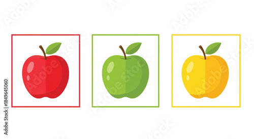 Three Colorful Apples in Frames - Red, Green, and Yellow Fruit Illustration.
