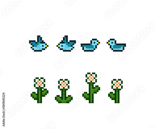 A set of pixel art game asset sprites featuring a blue flying bird in four animation frames and white wildflowers with green stems. This retro 8-bit asset pack is for platformer game environments 