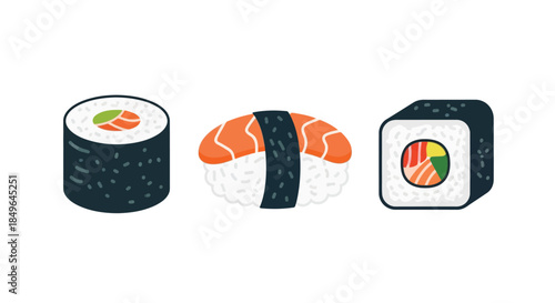 Delicious sushi rolls and nigiri with salmon on white background.