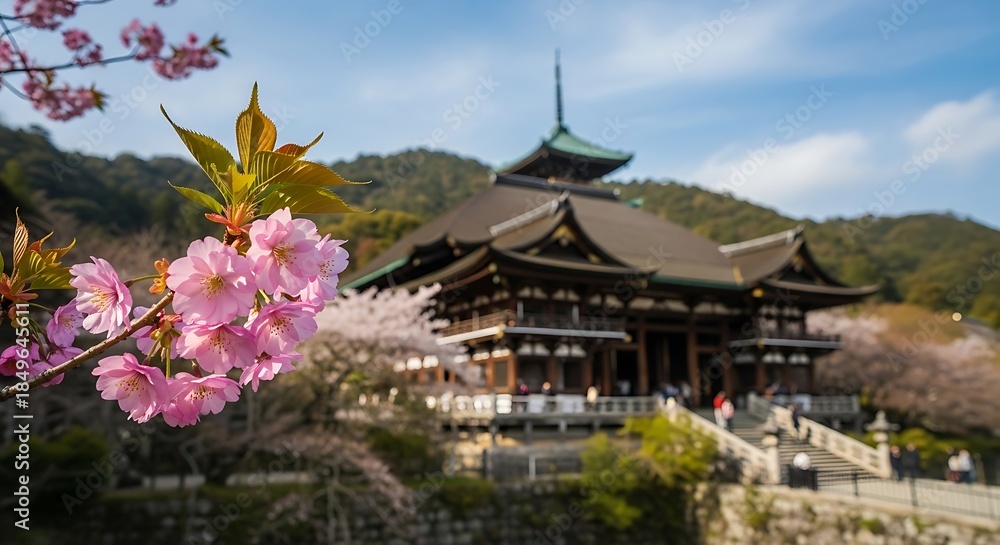 Fototapeta premium Blooming cherry blossoms frame a traditional building on a clear day.