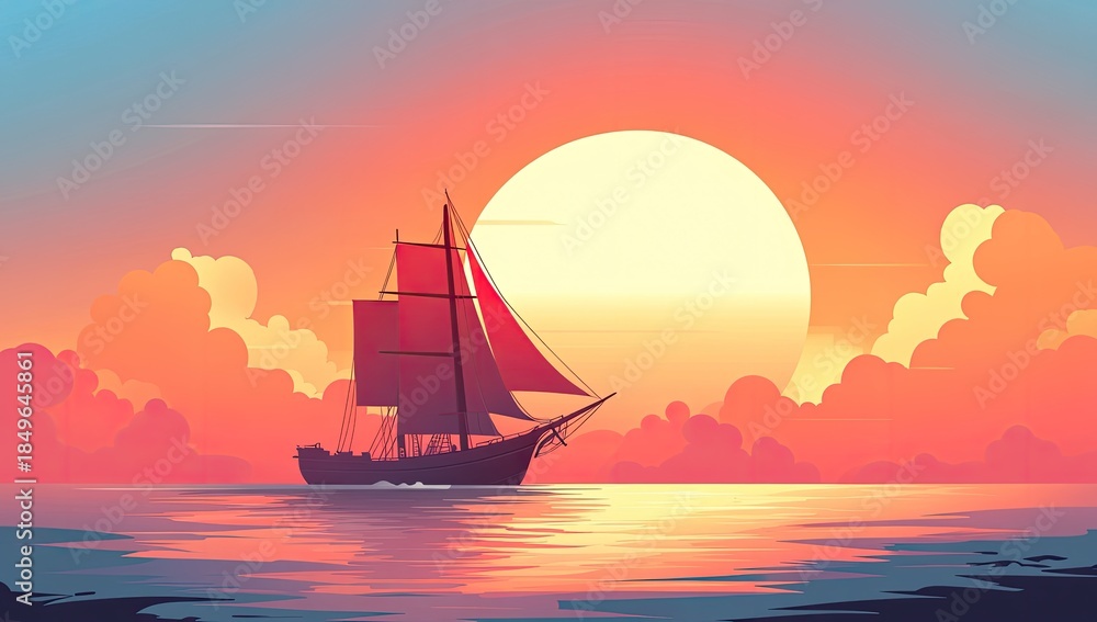 Fototapeta premium Red-sailed ship silhouetted by setting sun, calm sea