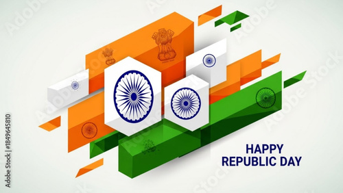 Abstract Indian Republic Day design with Ashoka Chakra and national flag colors perfect for celebratory graphics and patriotic themes