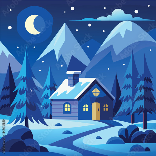A cozy winter night illustration with a small cabin glowing warmly in the snow, pine trees around it, mountains in the background, a crescent moon and stars in a deep blue sky, flat vector style, soft