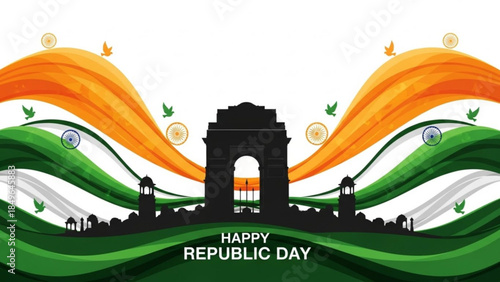 Happy Republic Day India India Gate silhouette with tricolor flag waves and flying birds patriotic celebration background