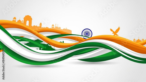 Indian flag colors wave with iconic landmarks and eagle silhouette representing national pride and independence for India