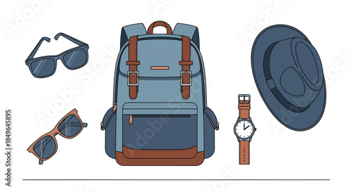 Travel essentials backpack sunglasses hat and watch collection.