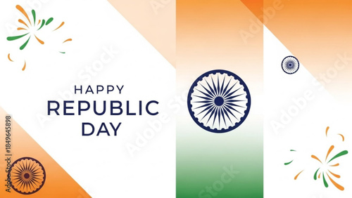 Happy Republic Day greeting card with Ashoka Chakra and fireworks Indian national holiday celebration vector illustration on white background