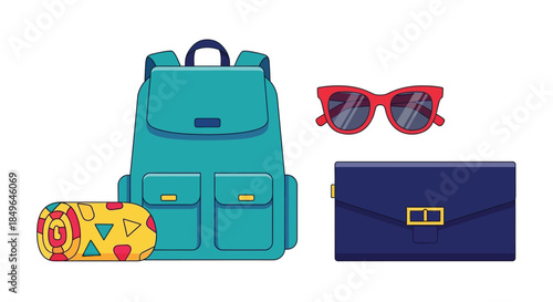 Turquoise backpack with accessories for travel and school.