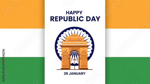 Happy Republic Day India featuring the iconic India Gate monument with Ashoka Chakra a patriotic graphic for national celebrations and events