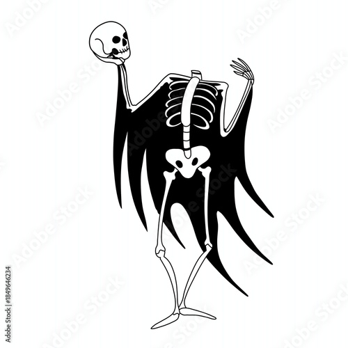 A surreal black-and-white drawing of a thin skeleton draped in a flowing shadow-like cloak, standing upright with a skull head and eerie posture.