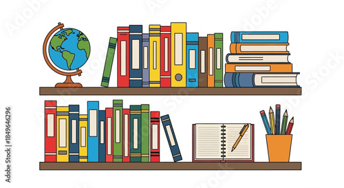 Two wooden shelves filled with books and educational items.