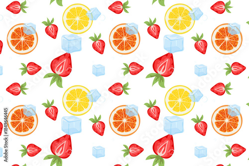 Refreshing seamless pattern featuring vibrant citrus slices, strawberries, and cool ice cubes on a white background. Perfect for summer themes, fresh juice packaging, and textile prints.