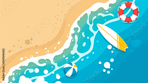 Aerial view of surfboards floating near the sandy beach with waves crashing