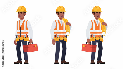 Construction worker in safety gear holding toolbox and giving a salute in three different poses