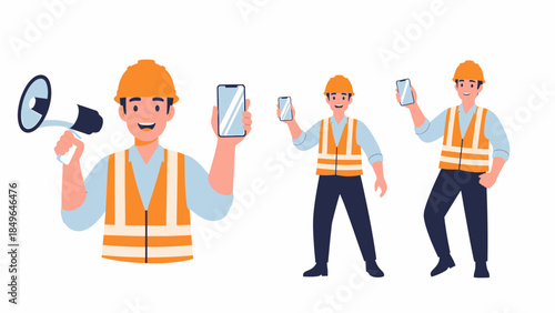 Construction workers in safety vests and helmets using mobile devices and megaphone in various poses