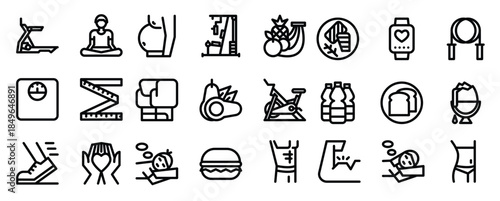  line icons including yoga treadmill fruits gym fat 