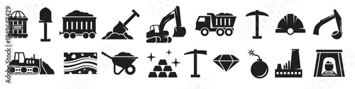 mining icons set black on a white background 