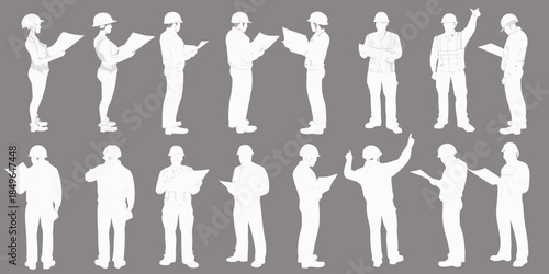 Diverse group of construction workers in various poses depicted in silhouette