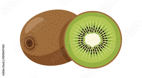 Fresh whole and sliced kiwi fruit isolated on white background.
