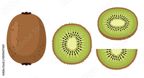 Fresh kiwi fruit whole and sliced on white background.