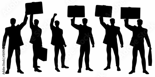 Silhouettes of people protesting with raised signs demonstrating for a cause