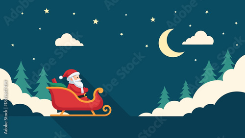 Santa Claus joyfully rides his sleigh across the star-filled night sky, accompanied by pine trees and soft clouds, delivering festive cheer during the holiday season.