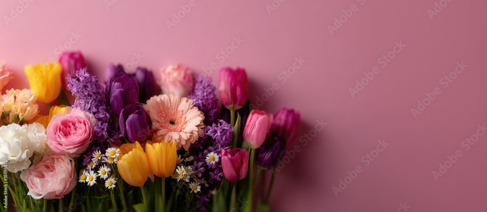 Fototapeta premium Bouquets of beautiful flowers on a pink background International Women's Day, A holiday for women, World Flower Day for the female population. High quality