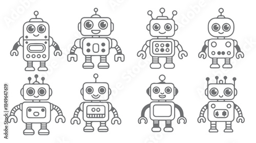 nine gray silhouette robots cartoon style cute friendly