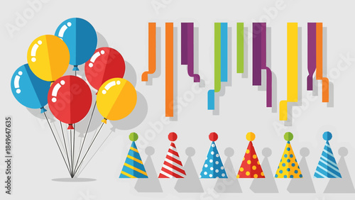 Flat lay of colorful party balloons and hats with streamers on a gray background.