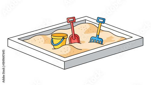 A sandbox with a yellow bucket, a red shovel, and a blue rake embedded in the sand.