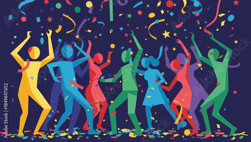 Colorful silhouettes of people dancing with confetti and streamers on a dark background