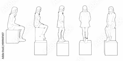 Five female figures in outline seated or standing on cubic forms