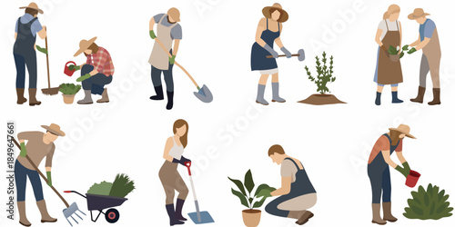 A collection of gardeners working in a garden illustrated with flat design