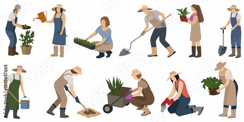 Diverse gardeners tending to plants with various tools in a colorful illustration