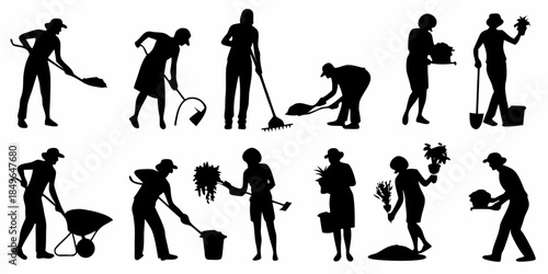 Silhouettes of people gardening and performing various outdoor chores