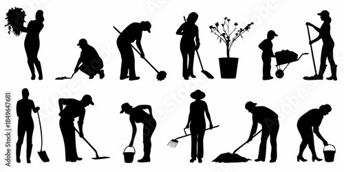 Silhouettes of people engaged in various gardening and cleaning activities