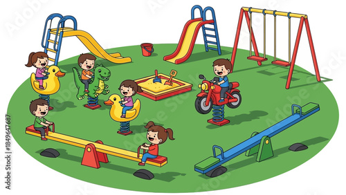A vibrant cartoon illustration of a busy children's playground filled with various play structures and happy kids.