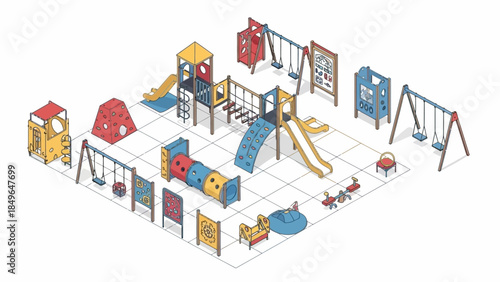 A comprehensive isometric illustration of a modern playground with various play structures and equipment arranged on a grid.