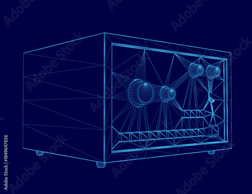 A 3D wireframe radio blueprint with intricate details and a glossy finish evokes the rhythm of music arrangement on a blue background.